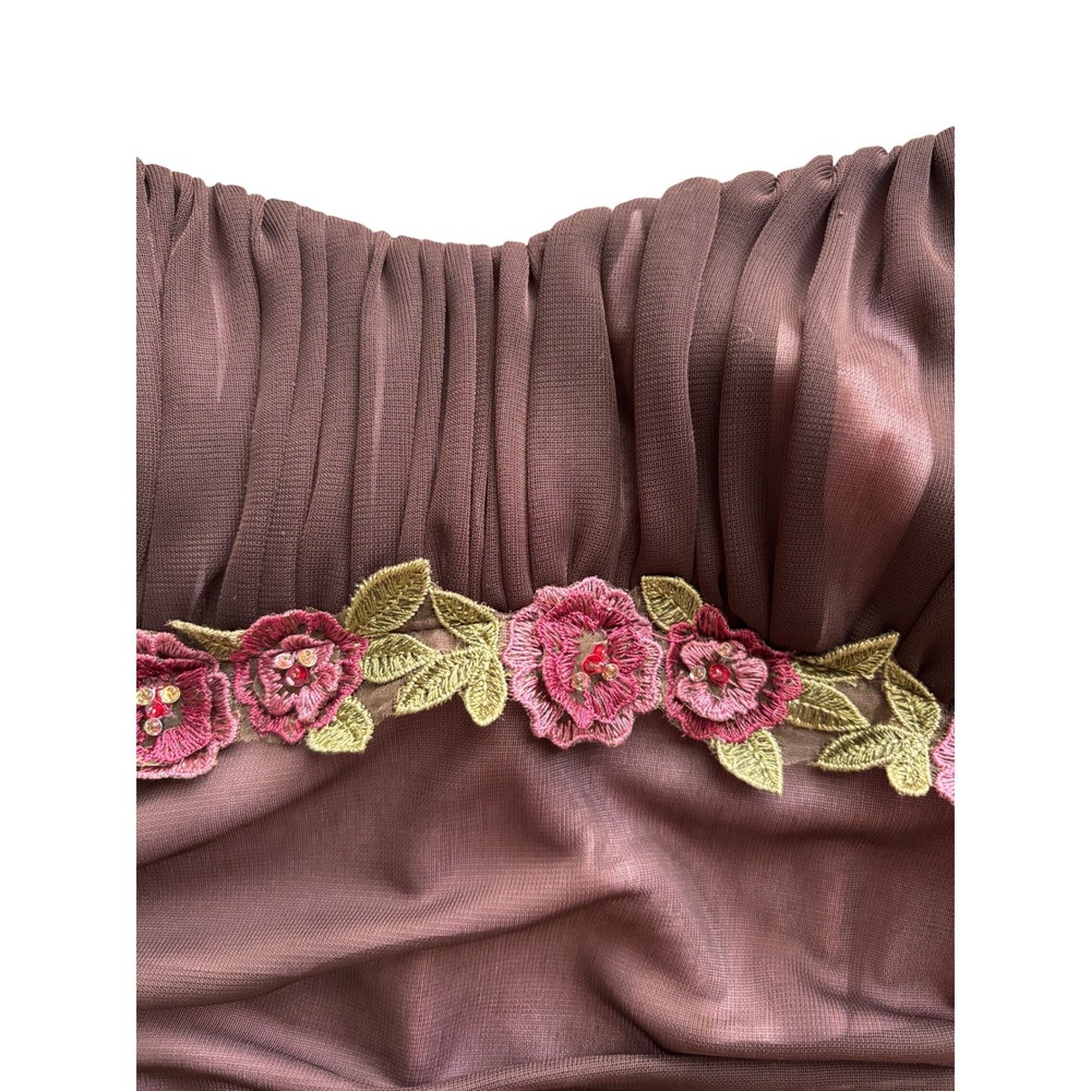 Y2K CityTriangles Embroidered Ruched Mesh Mermaid Maxi Dress S Brown Pink - Picture 9 of 10